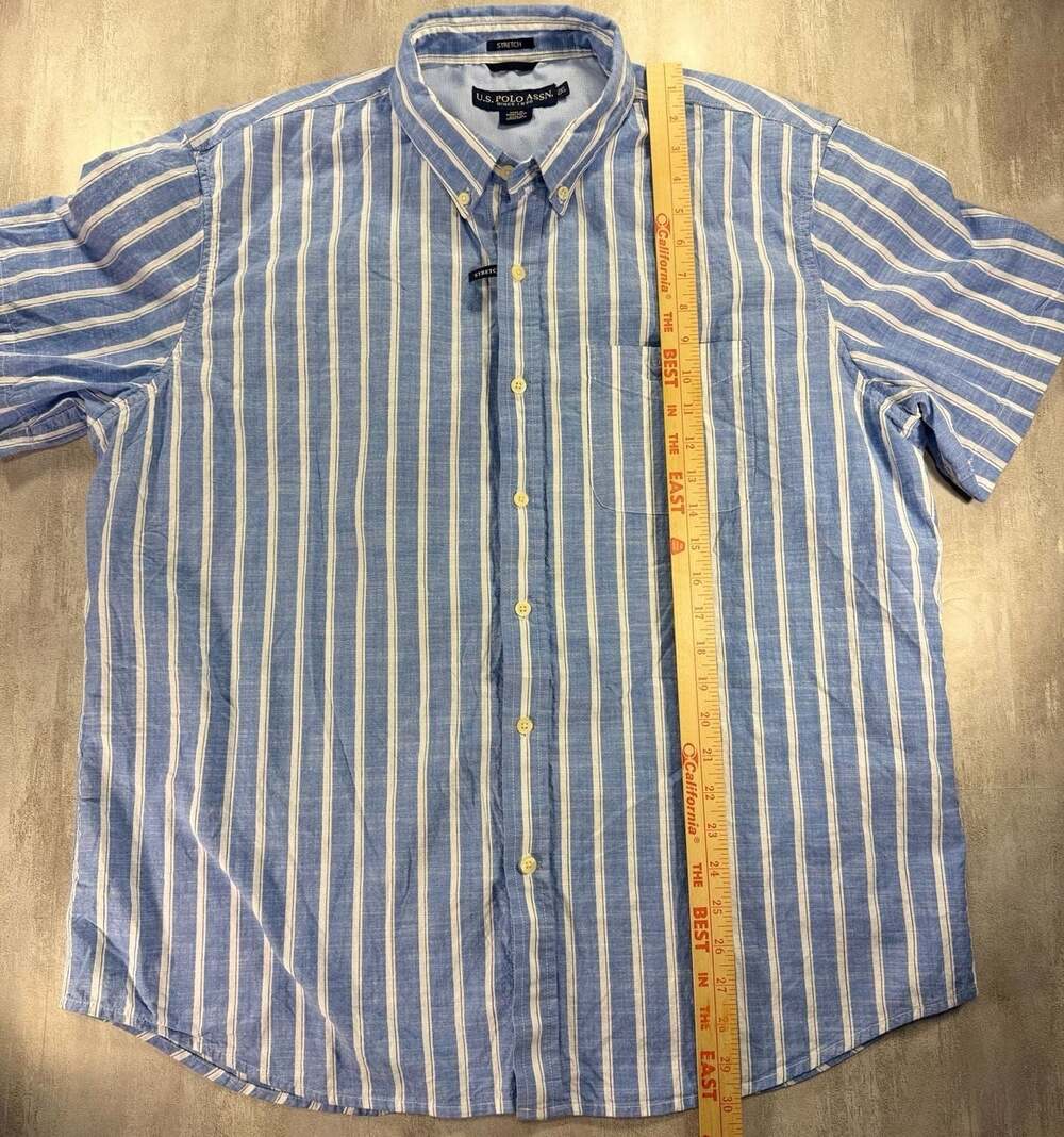U.S. Polo Assn. Men's Blue White Striped Short Sleeve Stretch Button Down Shirt - Picture 2 of 6
